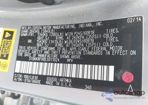 2014 Toyota Highlander Xle z USA, uszkodzony, nr VIN 5TDKKRFH0ES011024